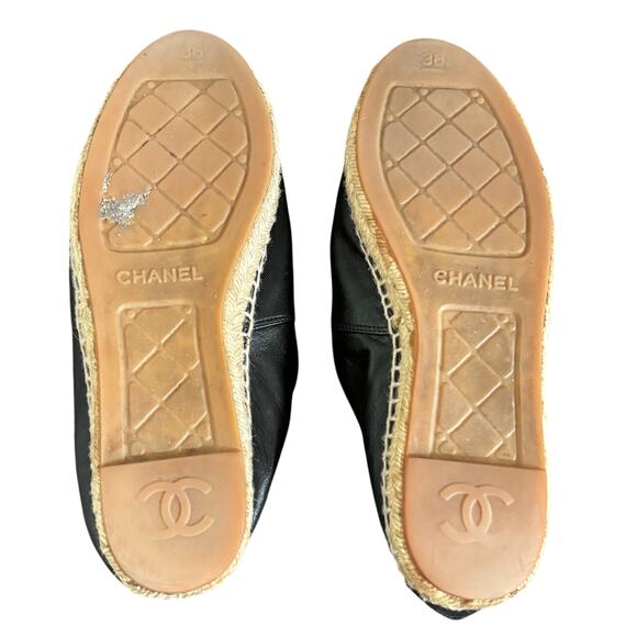 Chanel Interlocking CC Cap Toe Espadrille Shoes Black Leather Flats Size EU 38 - Picture 12 of 16